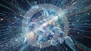 Abstract Data Stream and Digital Network with Floating Code and Glowing Lights